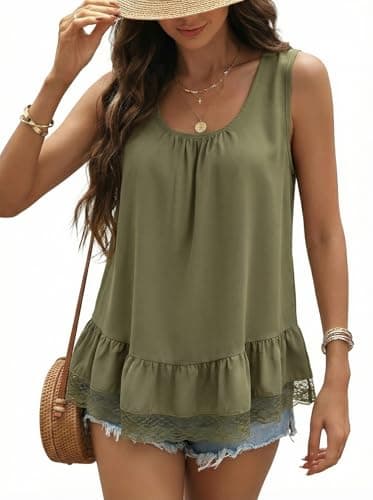 Dokotoo Summer Tank Tops for Women Lightweight Sleeveless Casual Tops for Women Loose Fit Lace Trim Camisole Top Summer Daily Wear Boho Outfits Beach Vacation Outfits Casual Green Tank Top L - Image 1