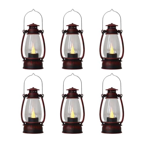 Reperla Red Painted Mini Lanterns 6-Pack - LED Flickering Candle Lanterns for Christmas & New Year, Valentine's, Wedding, Halloween & Western Party Decor, Table Centerpieces & Cowgirl Party Supplies - Image 1