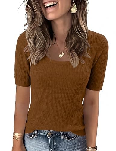Totatuit Womens Half Sleeve Sweaters Scoop Neck Knit Tops Summer Lightweight Pullover Trendy Textured Slim Fit Blouse Casual Business Attire Brown Large - Image 1