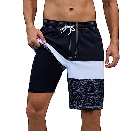 Arcweg Mens Swim Trunks with Compression Liner 9 inch 2 in 1 Shorts Big and Tall,Quick Dry, Black White Gray - Image 1