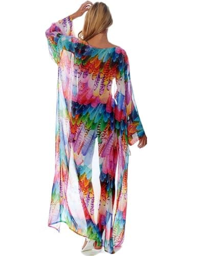 shermie Women's Long Kimono Summer Beach Colored Feather Swimsuit Cover Up - Image 1