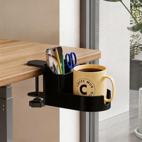 Clamp On Desk Cup Holder with Storage Organizer, Desk Side Organizer with Phone Slot, Pen Pencil Holder, Anti-Spill Drink Holder with Charging Hole, Clamp Desk Accessory for Office Gaming Table - Image 1