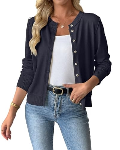 Bsubseach Lightweight Cardigan Sweaters for Women Open Front Button Down Knit Cardigans Sweater Top Fall Clothes Navy Blue XXL - Image 1