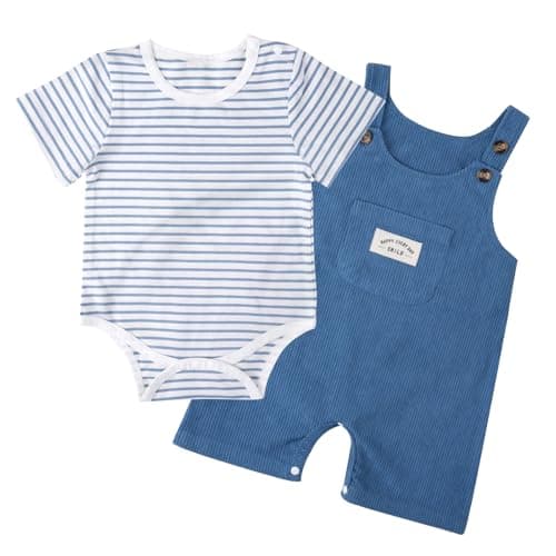 JiuBreeze Baby Boys Bodysuit Summer Clothes Set 2-pcs Striped Romper & Overalls Shorts Set Jumpsuit 0-12 Months (Blue, 3-6M) - Image 1