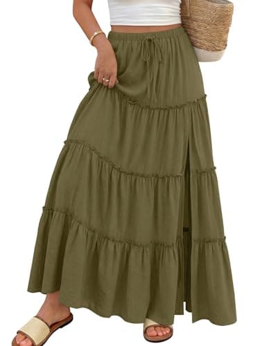 Trendy Queen Long Skirts for Women Slit Maxi Boho Skirt Summer Vacation Outfits A-Line Dress with Pockets Fashion Clothing Green L - Image 1