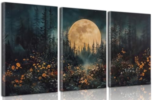 3Pcs Full Moon Forest Canvas Wall Art Nature Landscape Wildflower Wall Decor Pictures Moody Dark Academia Forest Posters Prints for Gallery Bedroom Living Room Home Decoration 16x24in - Image 1