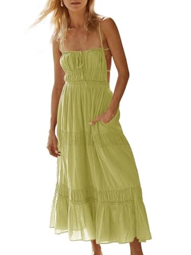 Wenrine Womens Summer Beach Dresses Backless Spaghetti Straps Self Tie Tiered Flowy Casual Maxi Dress with Pockets Yellow - Image 1