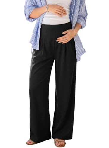 BLENCOT Women's Maternity Pants Wide Leg Pleated Adjustable High Waist Waffle Work Trousers Spring Activewear Elastic Solid Color Baggy Pregnancy Clothes Long Pants Large Black - Image 1