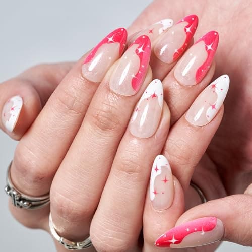 GLAMERMAID Hot Pink French Tip Press on Nails Medium Almond, Nude Jelly Gel Gothic Stiletto False Glue on Nails with Star Desgin for Women, Reusable Short Oval Stick on Acrylic Fake Nail Manicure Set - Image 1