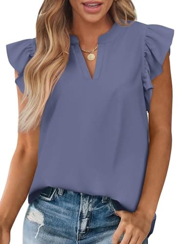 Zenlonr Womens Summer Tops 2026 Casual V Neck Ruffle Cap Sleeve Blouse Shirts Solid Color Tunic Tops(Light Grey Blue,X-Large) - Image 1
