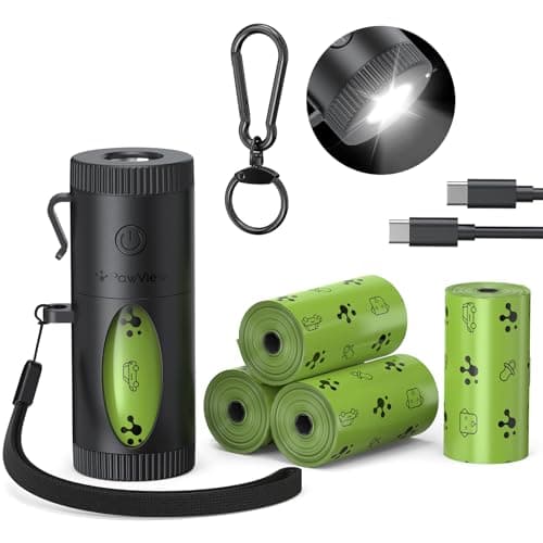 PawView Dog Poop Bag Holder with Rechargeable LED Flashlight, 4 Light Modes for Night Walk Safety, Hands-Free Dispenser with Used Bag Hook & Carabiner Clip, Fits Any Leash, 60 Bags Included - Image 1