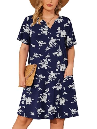 AusLook Plus Size Midi Dress for Women V Neck Short Sleeve Summer Casual Loose Fit Vacation 4X Sundress with Pockets - Image 1