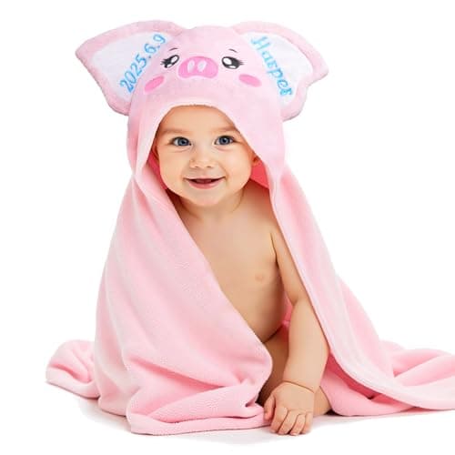 Individz Custom Hooded Bath Towel with Name, Personalized Highly Absorbent Bunny Towels, Baby Bath Towels for Girls Boys, Brithday for Baby, Toddler, Newborn (Piglet-Pink) - Image 1