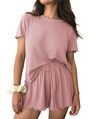 Ekouaer Womens Pajamas 2 Piece Ribbed Knit Pjs Short Sleeve Sleepwear Set Summer Soft Pajamas Set Casual Lounge Sets Rose Red XXL - Image 1