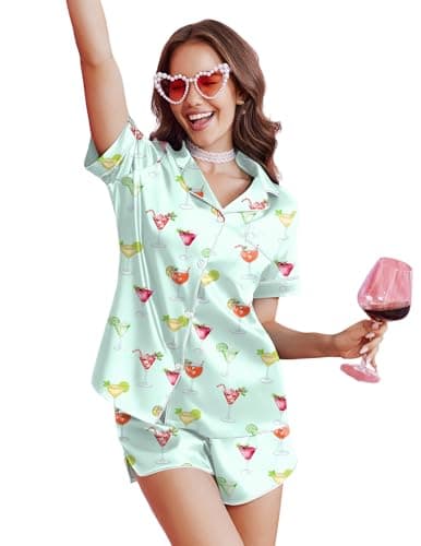 Ekouaer Silk Satin Pajama Set for Women Funny Graphic Sleepwear Button Down Short Sleeve Top and Shorts Pjs Sets Light Green Cocktail Glass XX-Large - Image 1
