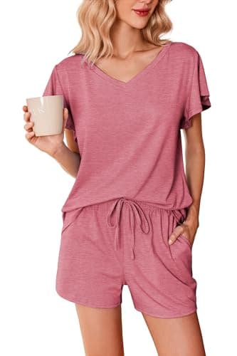 Ekouaer Ladies Pajama Sets Flowers Printed Soft Loungewear Cute Ruffle Sleeve Comfy Sleepwear,Large,Gray Purple - Image 1