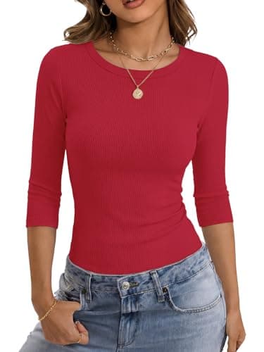 GKBK Womens 3/4 Sleeve Tops Ribbed Slim Fitted Tight Basic T-Shirts Crewneck Cute Layering Lightweight Fall Sweaters 2025 Fashion Outfits Red - Image 1