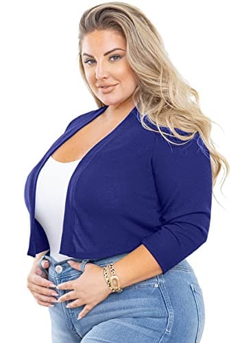 AusLook Bolero Plus Size Short Cardigans for Women 3/4 Sleeve Royal Blue 2X Lightweight Open Front Knit Tops Cropped Bolero Shrug Sweater Coat for Summer Evening dresses - Image 1