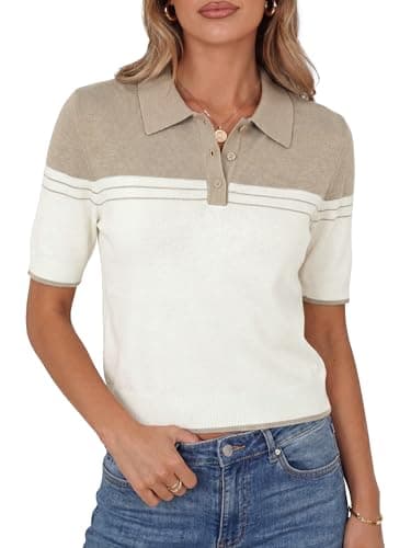 Arach&Cloz Women's Wool Blend Summer Short Sleeve Cashmere Color Block Polo Collared Shirt Business Casual Tops Teacher Work Trendy Outfits Cropped Pullover Sweater 2026 White Oatmeal M - Image 1