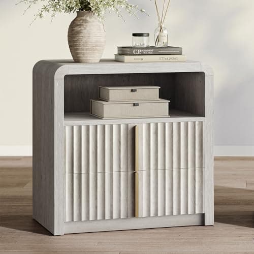 ModernMate 23.6" Fluted Nightstand with 2 Drawers, Bedside Table with Solid Metal Handle, Curve Profile Night Stand, Thicken End Side Table for Bedroom, White Alder - Image 1