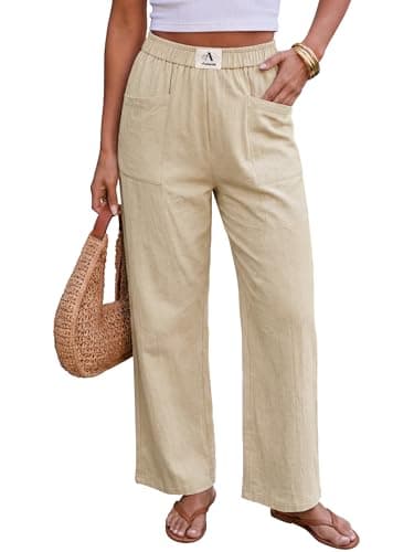 AUMORA Womens Pants Wide Leg Palazzo Pants Casual High Waisted Summer Flowy Beach Casual Trousers with Pockets Apricot - Image 1