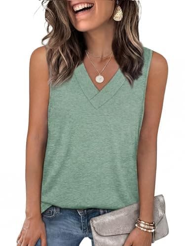 YESTTO Tank Tops for Women Summer V Neck T Shirts Sleeveless Tops Casual Loose Fit Basic Tees Women Blouses 2026 Fashion LightGreen - Image 1