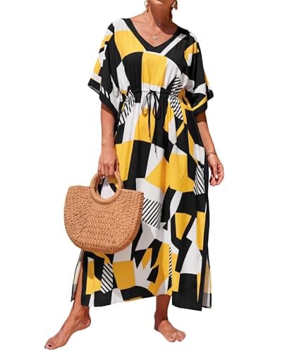 Bsubseach Kaftan Dresses for Women Plus Size Swimsuit Coverup Batwing Sleeves Beach Cover Up with Drawstring Beach Dresses Yellow - Image 1