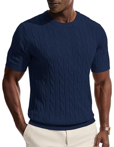 PJ PAUL JONES Mens T-Shirts Casual Short Sleeve Tee Shirts Crewneck Cable Knit Tees Pullover T Shirt Navy Blue - Image 1