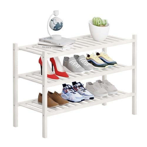 Buymoth 3 Tier Bamboo Shoe Rack Storage Organizer for Closet, Multifunctional Stackable Free Standing Shoe Shelf Organizer for Small Space,Entryway, Hallway, Bathroom27 x11 x20 (White, 3 Tier) - Image 1