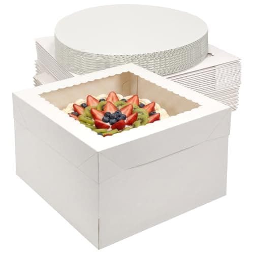 CRUGLA 15 Pack 12x12x8 Cake Boxes with Cake Boards, White Bakery Window Boxes, Tall Dessert Carrier for Birthdays, Weddings & Bake Sales