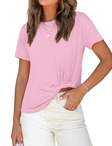 Zelroxa Womens Summer Crop Short Sleeve Tops Casual Loose Twist Front Tee Shirts Crewneck Knot Cropped Blouses 2026 Basic Trendy Outfits Light Pink - Image 1