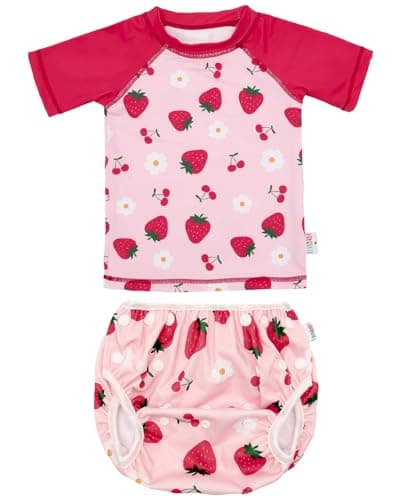 ALVABABY Baby Girl Swimsuit, 2-Piece Infant Toddler Bathing Short Sleeve Swimwear, Small Baby Reusable Swim Diaper with Matching Top - Image 1