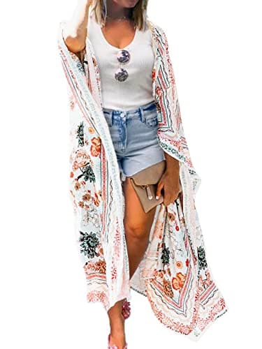 Flowy Long Floral Kimono Cover Up Tops Womens Summer Chiffon Cardigan Duster Beach Sheer Boho Resort Wear with Belt M - Image 1