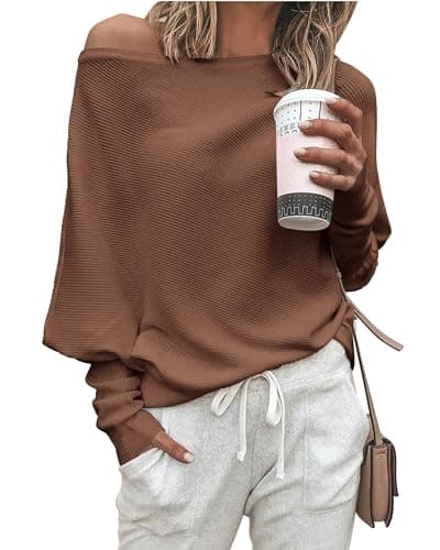 Zenlonr Women's Fall Sweaters 2026 Casual Long Batwing Sleeve Loose Off Shoulder Knit Pullovers Jumper Tops(Brown,Medium) - Image 1
