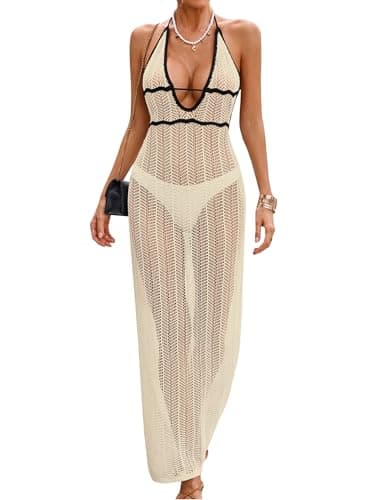 BreathSunny Womens Crochet Maxi Swimsuit Cover Up Dress for Woman Halter Neck Tie Back Contrast Trim Bathing Suit Coverup Summer 2026 Sexy Vacation Outfits Beach Bikini Dresses Apricot M - Image 1