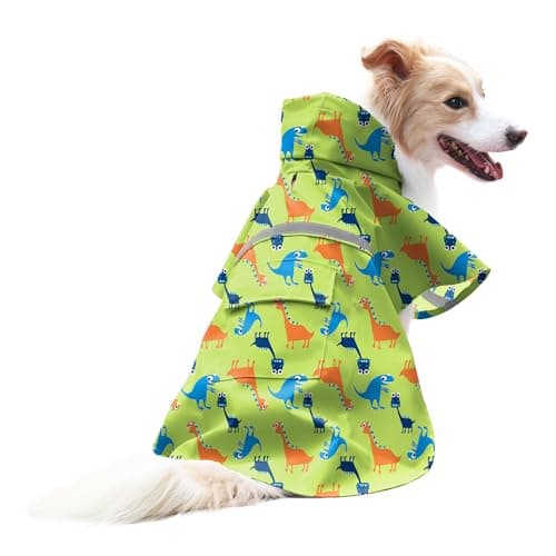 NACOCO Large Dog Raincoat Adjustable - Pet Dinosaurs Water Proof Clothes Lightweight Rain Jacket Poncho Hoodies with Strip Reflective Green (L, Green Dinosaur)