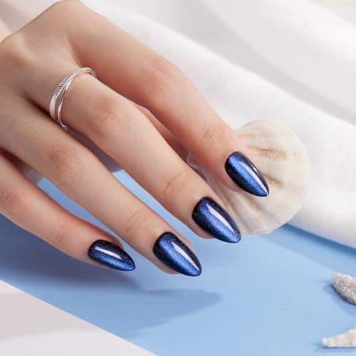 VSALON Press on Nails Short Almond - Blue Cat Eye Chrome Glue On Nails Kit for Women, Reusable Opaque Gel Stick on Nails with Glue & Cuticle Oil - 32 PCS Fake Nails in 16 Sizes (Midnight Tide) - Image 1