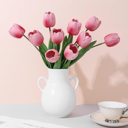 LILUYTO Pink Fake Tulips,18.5" PU Artificial Tulips Flowers for Spring Easter Home Kitchen Wedding Bouquet Bulk Mother's Gift Day Decorations - Image 1