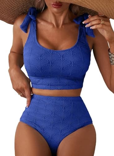 Herseas Womens High Waisted Bikini Set Seashell Textured Tie Shoulder Swim Suits Full Coverage Removable Padding 2 Piece Bathing Suit Cute Beach Vacation Clothes for Teens Bright Blue Medium - Image 1