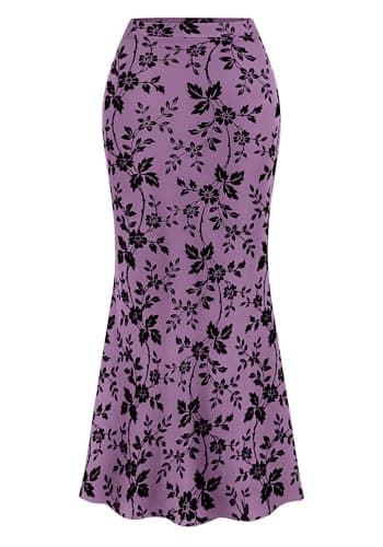 BTFBM Womens Floral Mesh Maxi Skirt 2026 Spring Summer Elastic High Waisted Boho Elegant Mermaid Long Skirts for Women(Purple, Small) - Image 1