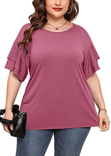 AusLook Plus Size Womens T Shirts Mauve 2X Tunic Double Ruffle Short Sleeve Blouses Crewneck Clothing Tee Ladies Clothes Flowy Dressy Casual Loose Fit Outfits Maternity Summer Tops - Image 1