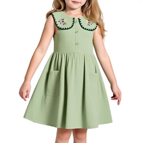 Little Bitty Girls Cotton Embroidered Peter Pan Collar Sleeveless Summer Party Birthday Sunshine A Line Dress Green 4T - Image 1