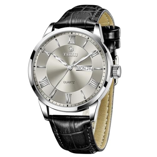Taxau Mens Leather Watch Mens Wrist Watches Waterproof Analog Watches for Men Dress Watch Grey Dial Black Leather Band Luminous for Large Wrist Roman Number reloj de Hombre - Image 1