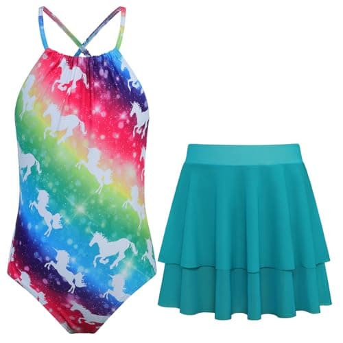 Girls Kids Swimsuit One Piece Tankini Swimsuits Bathing Suit Swimwear Size 6 with Skirt Unicorn - Image 1