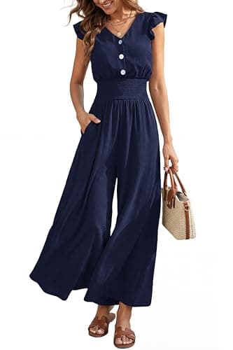 dowerme Women's Jumpsuits Dressy Casual 2026 Summer Ruffle Cap Sleeve V Neck Button Smocked Rompers Wide Leg Overalls(Navy Blue,Large) - Image 1