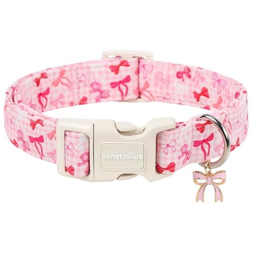 Lionet Paws Dog Collar Bow Spring Summer Pink Plaid Dog Collars with Sailor Bow Pattern Pendant - Female Girl Dogs Collar for Medium Large Dogs L - Image 1