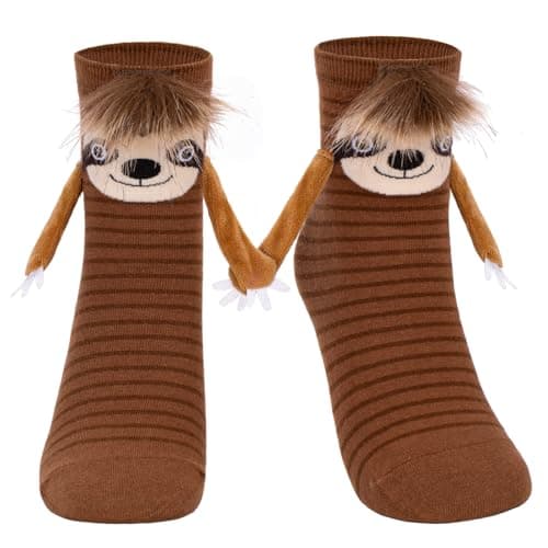 FunisFun Sloth Socks with Magnetic Holding Hands Funny Animal Crazy Socks for Women Ideal Sloth Gifts for Girls Birthday (US, Alpha, One Size, Regular, Regular, Brown) - Image 1