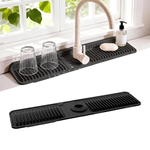 ZJWZLG Faucet Mat for Kitchen Sink, 24"X5.5" Silicone Sink Splash Guard with Soap Holder, Snap-On Design & 7°slope Fast Drain, Folding Sink Faucet Mat for Universal Kitchen Bathroom Sink(Black) - Image 1