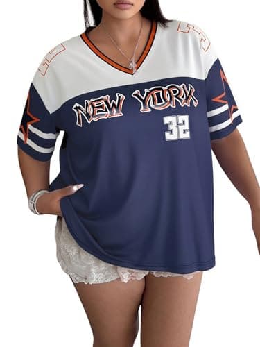 NANYUAYA Women's Plus Size Baseball Jersey Oversized Shirt V Neck Short Sleeve Graphic Tee Casual Jersey Color Block Tops - Image 1
