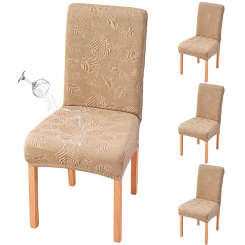 Genina Waterproof Dining Chair Covers Set of 4,Stretch Dining Room Chair Slipcovers with Leaf Jacquard,Removable Kitchen Chair Protector for Home,Restaurant,Banquet-Khaki - Image 1